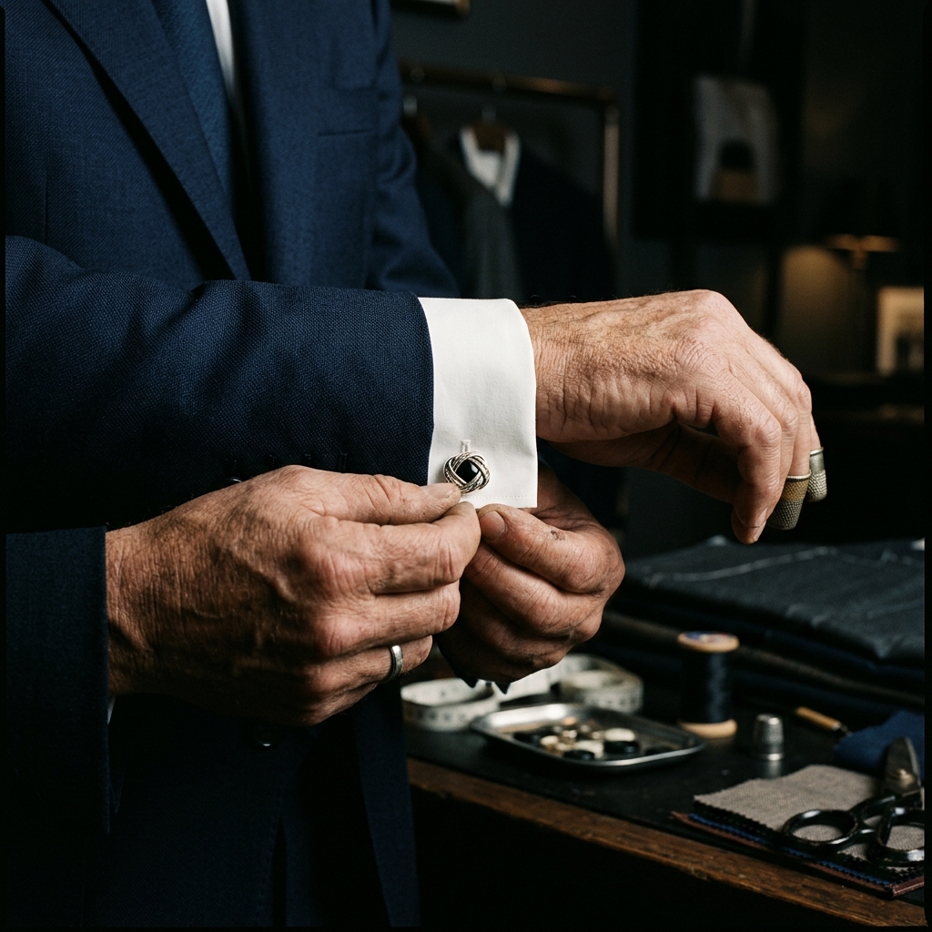 Tailor buttoning a cufflink — bespoke luxury tailoring